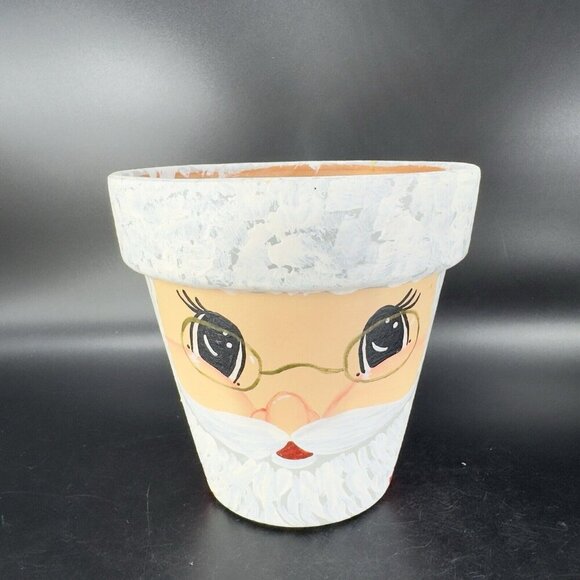 Vintage Ceramic TerraCotta Flower Pot Planter Holiday Handpainted Santa Clause - Picture 1 of 12